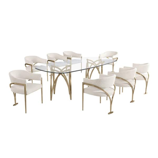 Best Quality Furniture Doug 9-Piece Clear Tempered Glass Top Gold Chrome Plated Base Dining Set with 8 Cream Color Chairs