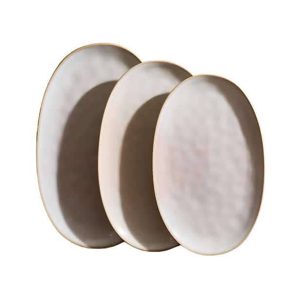 Modern 15.59 in. Cappuccino White Stoneware Oval Serving Platter (Set of 3) for Party and Turkey, Microwave Safe