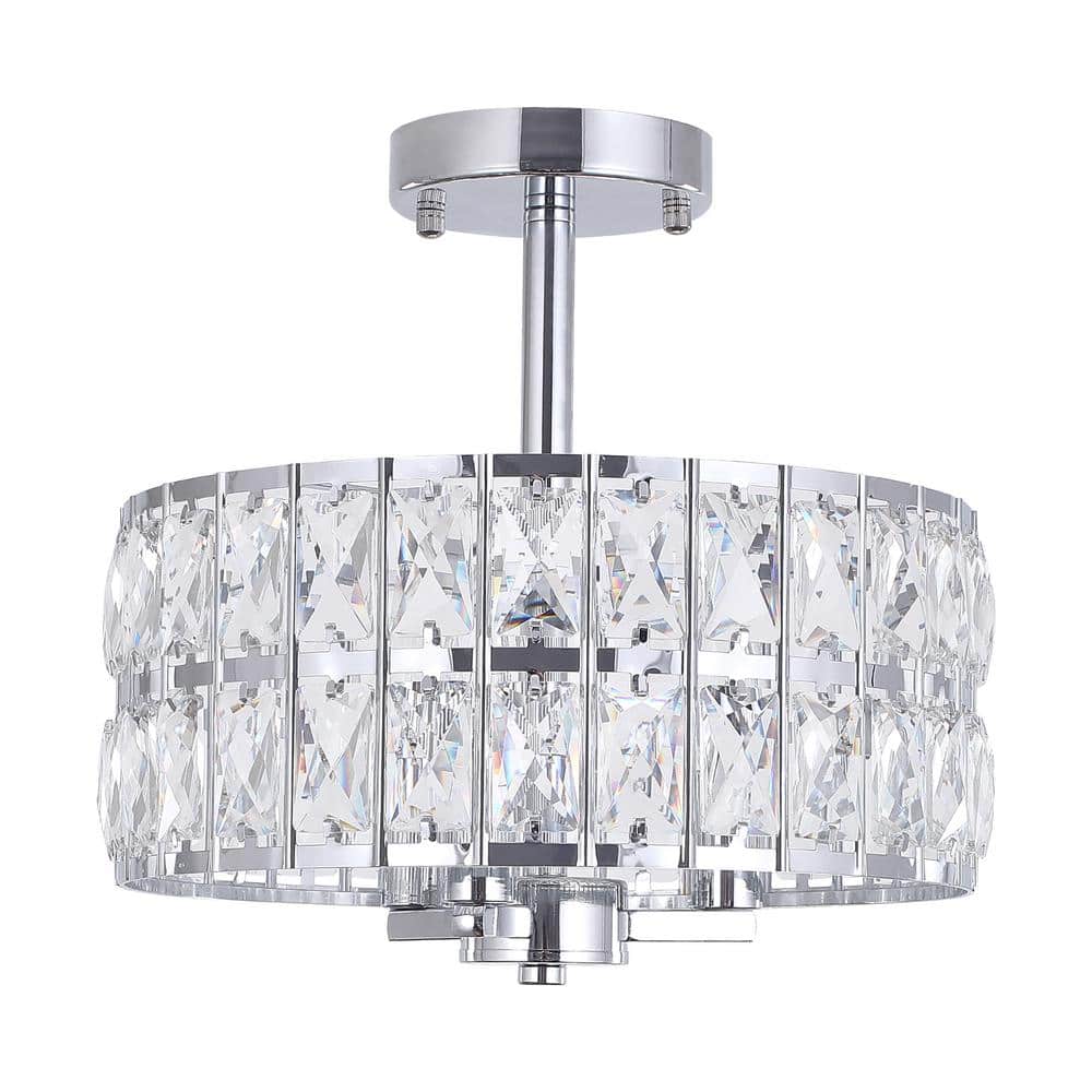 12.59 in. 3-Light Chrome Modern Drum Semi-Flush Mount Light With Clear Crys