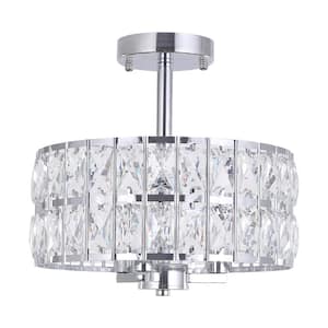 12.59 in. 3-Light Chrome Modern Drum Semi-Flush Mount Light With Clear Crystal Glass Shade and No Bulbs Included