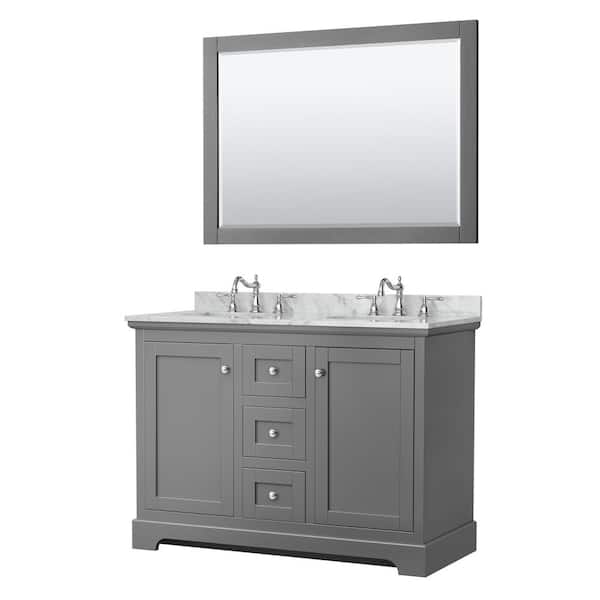 Wyndham Collection Avery 48 in. W x 22 in. D Double Vanity in Dark Gray with Marble Vanity Top in Carrara with Oval Basins and Mirror