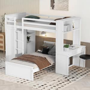 White Twin Size Wood Bunk Bed with Wardrobe, Shelves, Desk And Drawers
