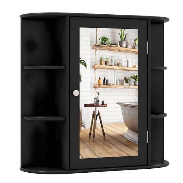 26 in. W x 25 in. H Rectangular MDF Medicine Cabinet with Mirror and 6 Open Storage Shelves in Black