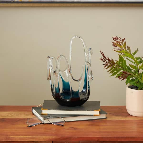 10 in. Blue Ombre Glass Abstract Decorative Geomtetric Vase with Wavy Oval Cutouts