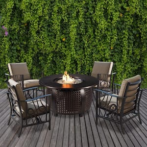 Bronze 5-Piece Aluminum Patio Fire Pit Deep Seating Set with Beige Cushions