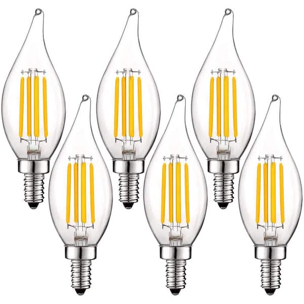 60-Watt Equivalent CA11 Dimmable LED Light Bulbs Flame Tip Clear Glass Filament 2700K Warm White (6-Pack)