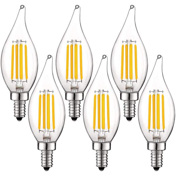 LUXRITE 60-Watt Equivalent CA11 Dimmable LED Light Bulbs Flame Tip Clear Glass Filament 2700K Warm White (6-Pack)