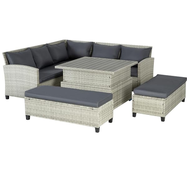Runesay Modern 6-Piece Gray Wicker Outdoor Patio Conversation Sofa Sectional Set with Gray Cushions and Lift Table