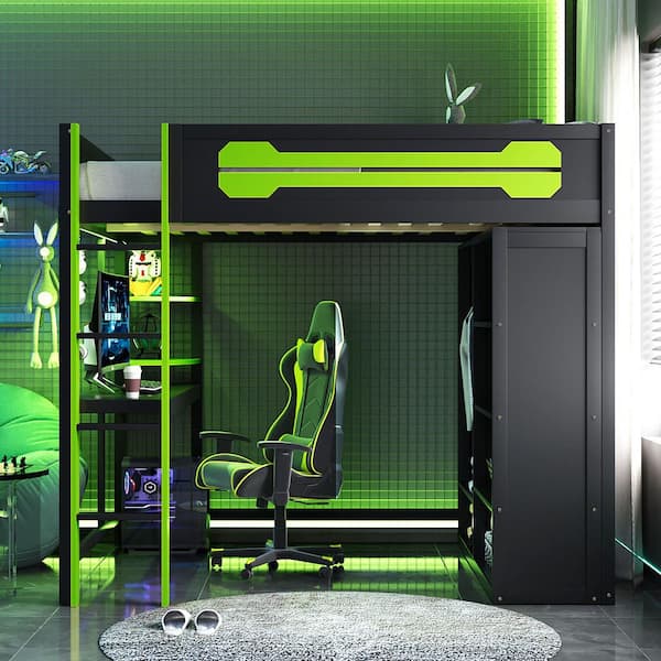 Green Full Wood Loft Bed with Desk