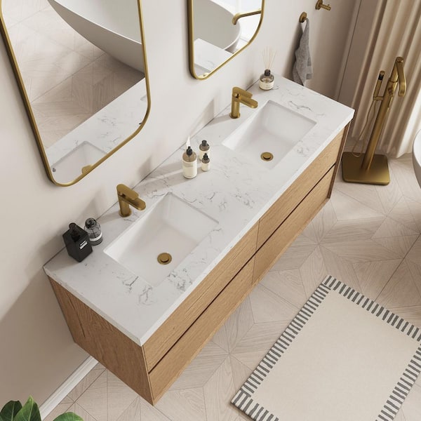 Aeroline 60 in. W x 19.29 in. D x 25.59 in. H Dual Sink Float Natural Oak Bath Vanity w/Sar White Engineered Stone Top