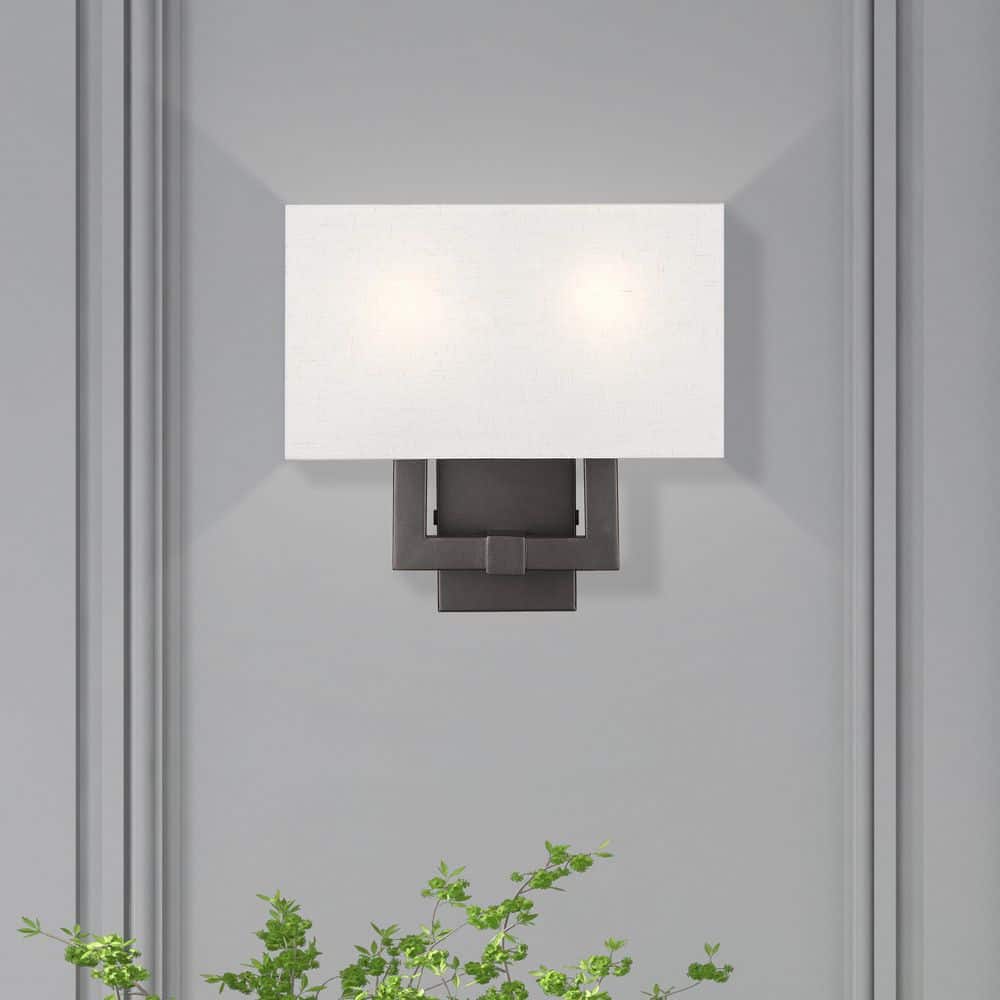 Meridian English Bronze 2-Light Wall Sconce with Oatmeal Shade
