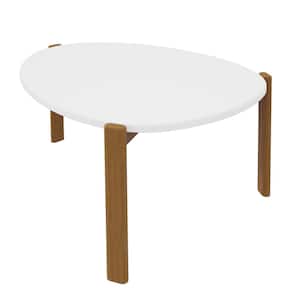 Gales 32.44 in. Matte White Mid-Century Modern Round MDF Coffee Table with Solid Wood Legs