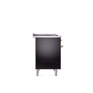 Nostalgie II 40 in. 6 Burner Plus Griddle Freestanding Double Oven Dual Fuel Range in Glossy Black with Brass