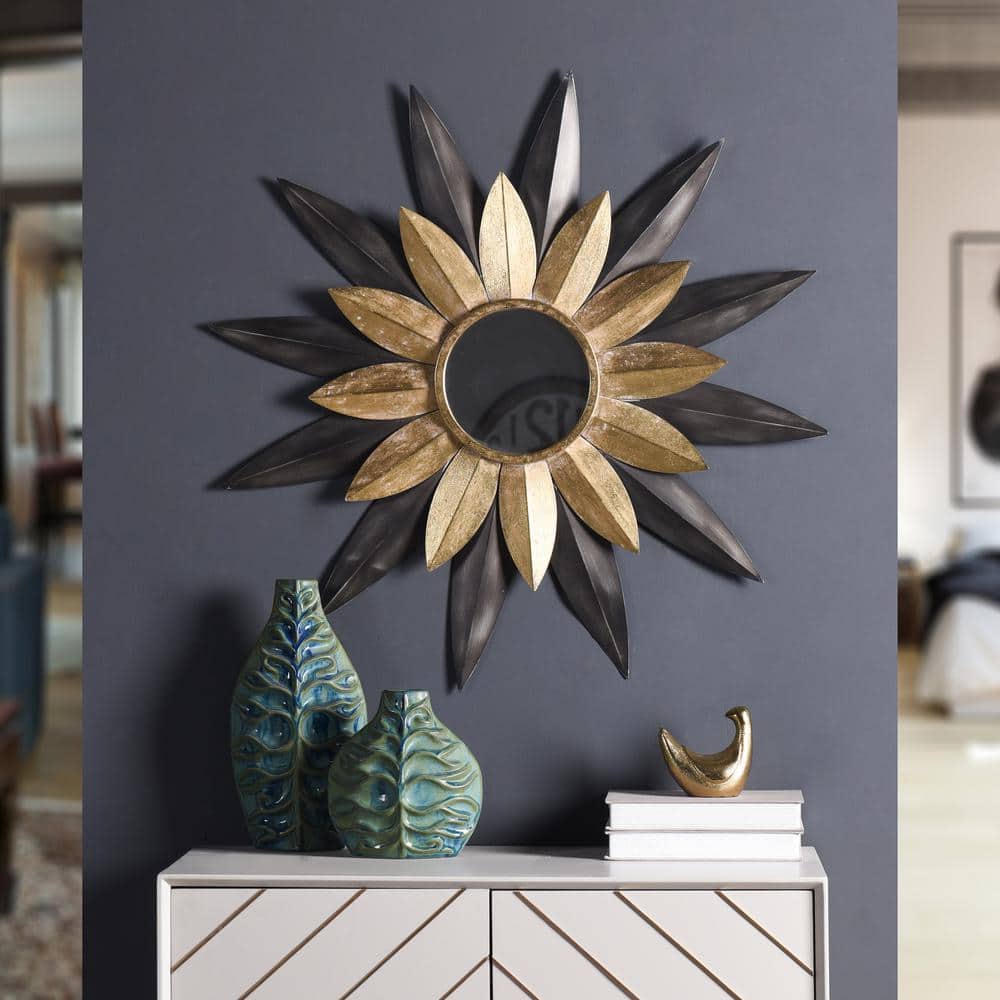 32.75" Round Silver and Gold Sunburst Wall Mirror
