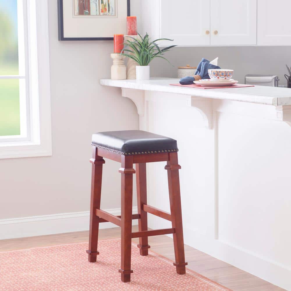 Kennedy Dark Cherry Backless Wood Bar Stool with Black Upholstery
