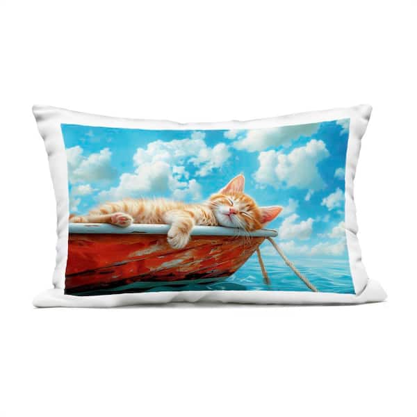 Sleeping Cat on Boat Blue Rectangular Outdoor Throw Pillow