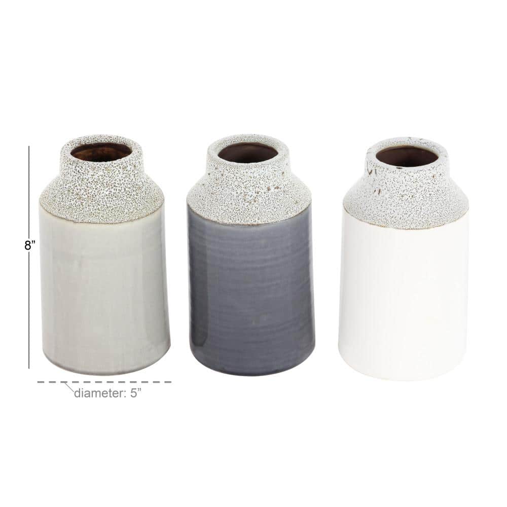 Set of 3 Glossy White, Beige, and Gray Porcelain Cylinder Vases