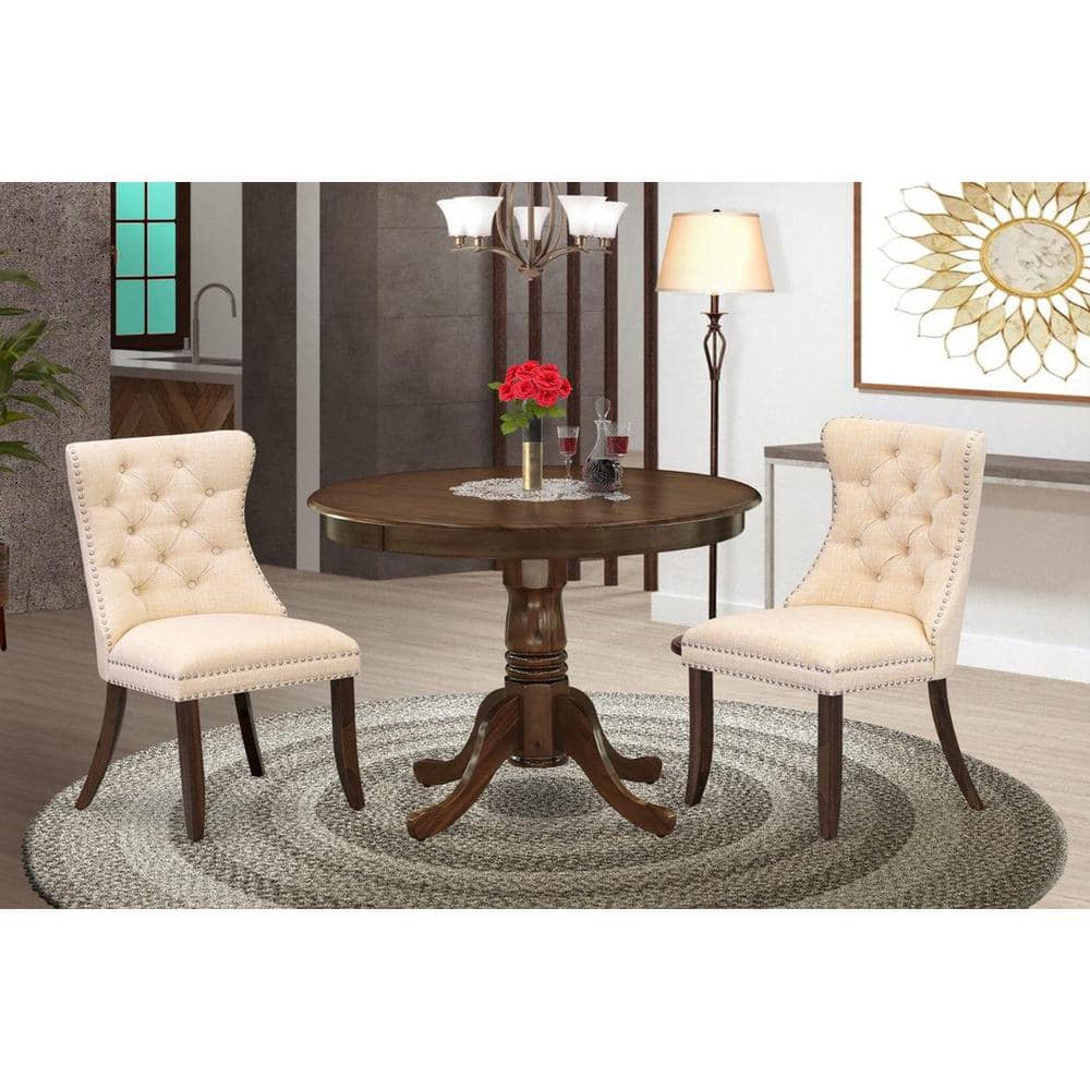 Antique Walnut 3-Piece Round Wood Dining Set with Beige Upholstered Chairs