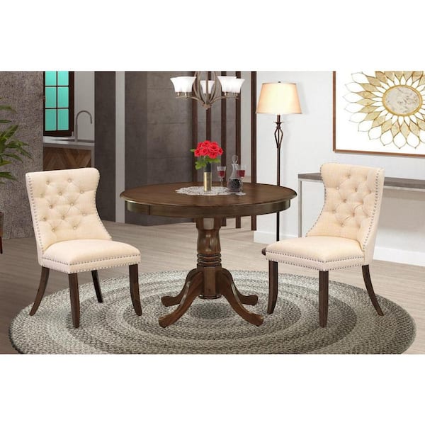 East West Furniture 3-Piece Antique Walnut Finish Solid Wood Top - Round Dining Room Set - (Seats-4)
