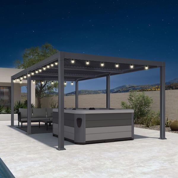 PURPLE LEAF 11.4 ft. x 20.4 ft. Gray Aluminum Patio Louvered Pergola Hardtop Gazebo with Adjustable Sunshade Roof and String Lights