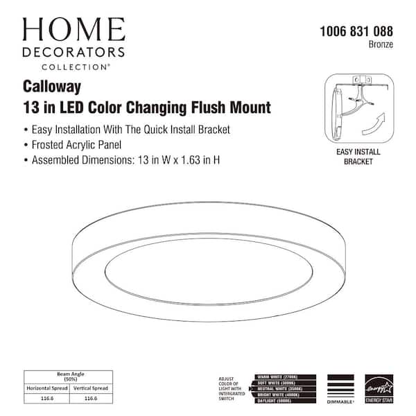 Home Decorators Collection 13-inch Matte Black Dimmable Integrated LED  Color Changing Flus