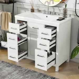 36.7 in. W x 19.1 in. D x 36.8 in. H Freestanding Bath Vanity in White with White Resin Top, 5 Drawers and 1 Door