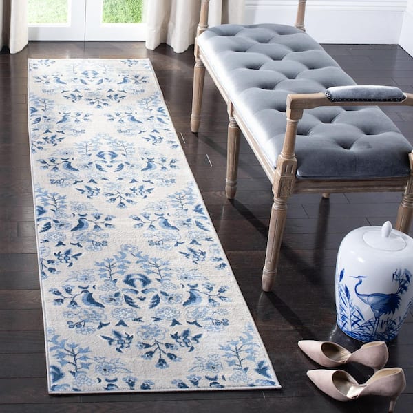 Martha Stewart 2 ft. x 16 ft. Cream/Blue Damask Runner Rug