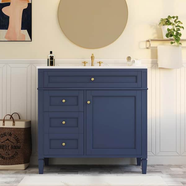 Boosicavelly 36 in. W. x 18 in. D x 34 in. H Single Sink Freestanding Bath Vanity in Blue with White Ceramic Top