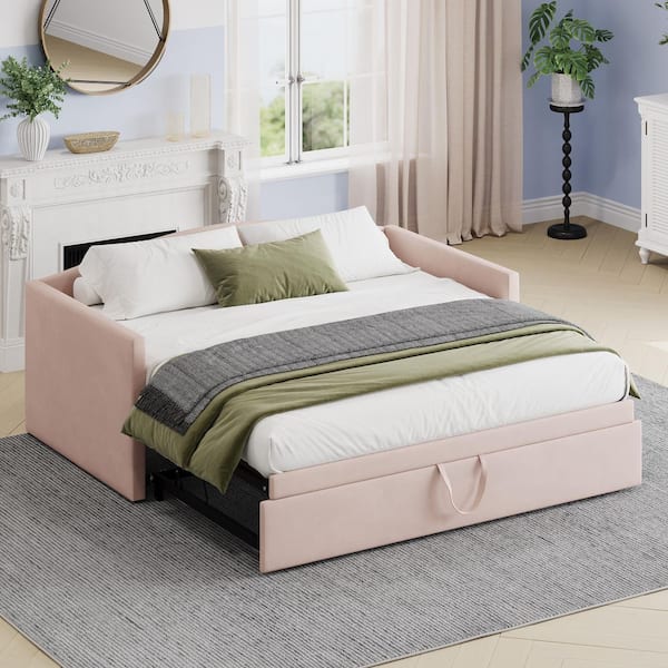 Eda Pink Twin Size Velvet Upholstered Daybed with Trundle Padded Armrests