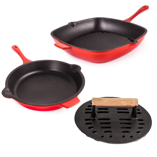 BergHOFF Neo 3-Piece Cast Iron Fry Pan and Grill Pan Set with Slotted Steak Press, Red