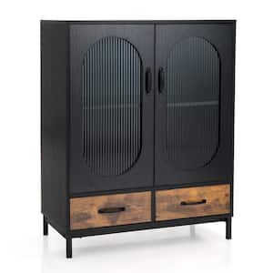 Black Wooden 31.5 in. Kitchen Storage Cabinet Freestanding Buffet Sideboard with 2 Glass Doors and Drawers