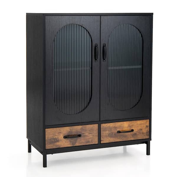 Costway Black Wooden 31.5 in. Kitchen Storage Cabinet Freestanding Buffet Sideboard with 2 Glass Doors and Drawers