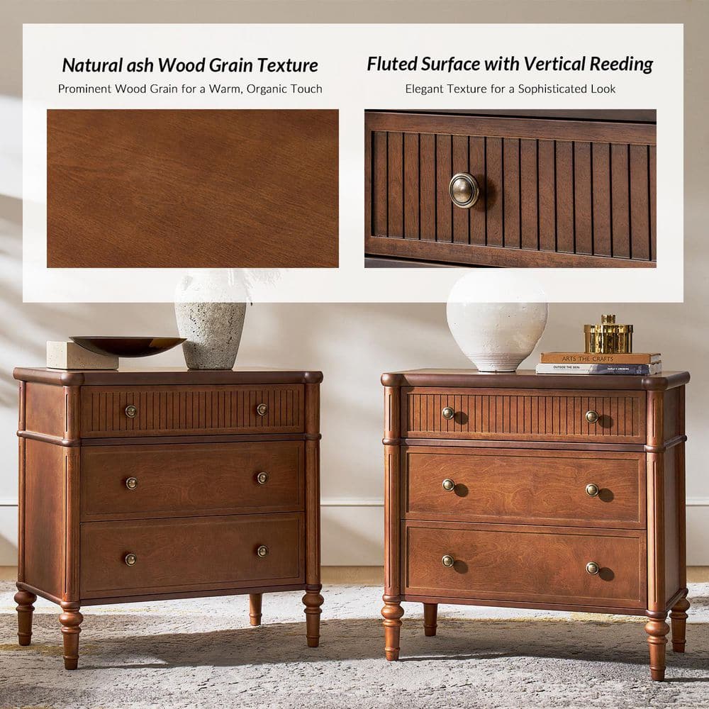 Roland Walnut 3-Drawer 28 in. W Nightstand Set of 2 with Built-In Charging Station - thumbnail 3