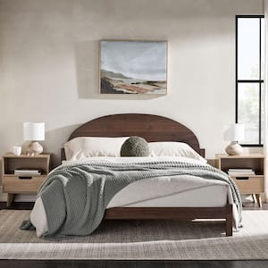 Modern Brown Solid Wood Frame Queen Platform Bed with Elegant Curved Headboard