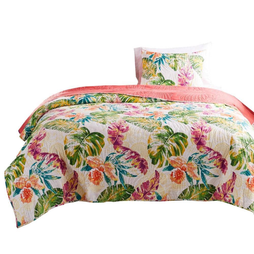 Tropical Leaf Print Reversible Twin Microfiber Quilt Set