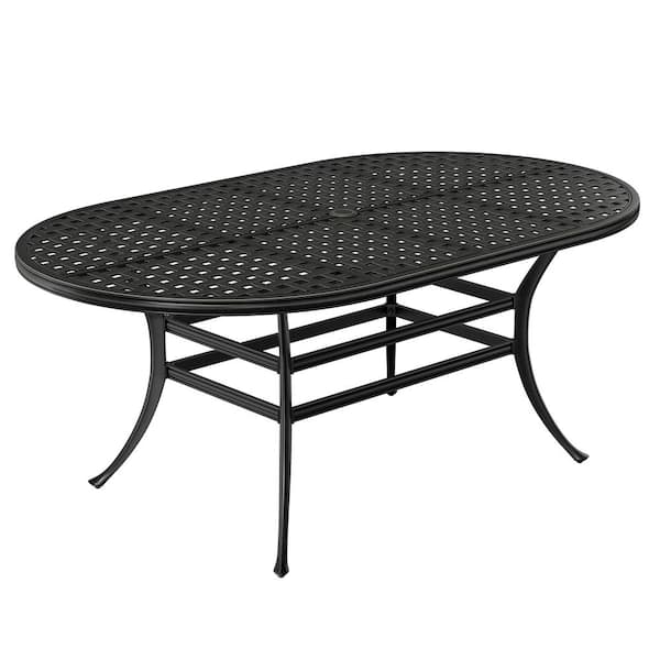 Clihome Cast Aluminum Outdoor Patio Oval Plaid Hollow Dining Table with 2 in. Umbrella Hole