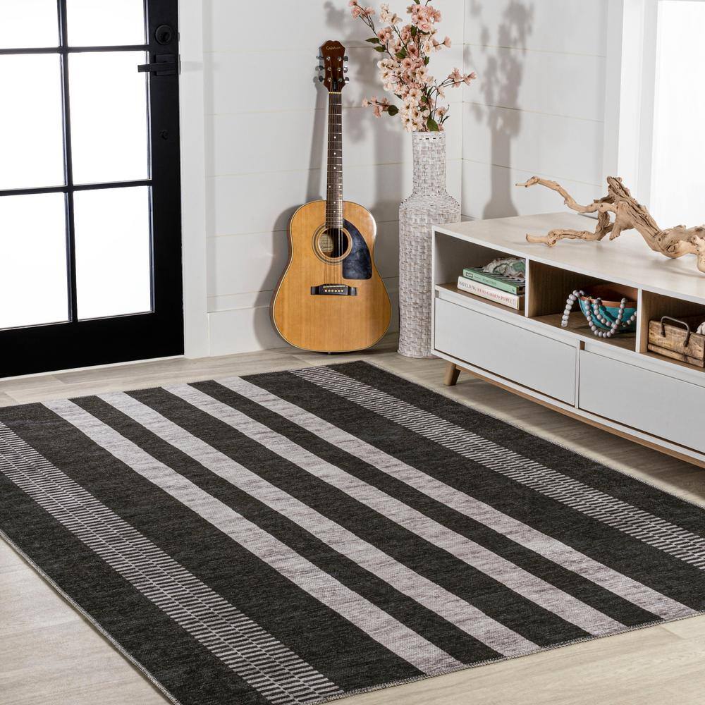 Ivory and Black Striped Synthetic Washable Area Rug