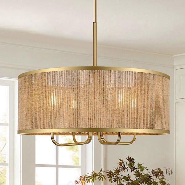 19.6 in. 4-Light Antique Brass Bohemian Drum Chandelier with Natural Hemp Rope Shade