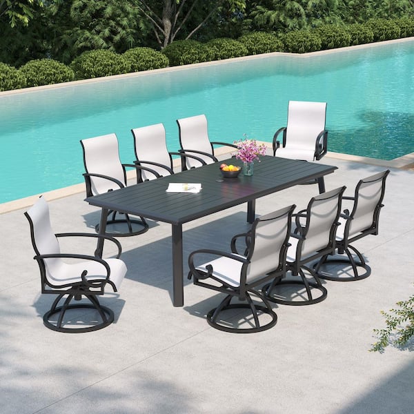 93.9 in. Patio Aluminum Outdoor Dining Set with Umbrella Hole, 360° Swivel Dining Chair in Augustine Oyster (9 Pieces)