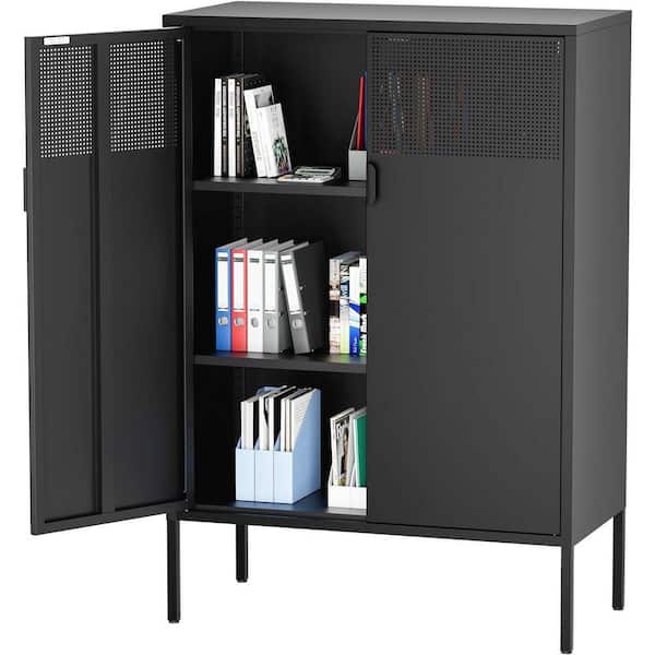 Black 3 Tier 47.24 in. H Metal Storage Cabinet with Adjustable Shelves 2 Door Metal Locker Style Accent Storage Cabinet
