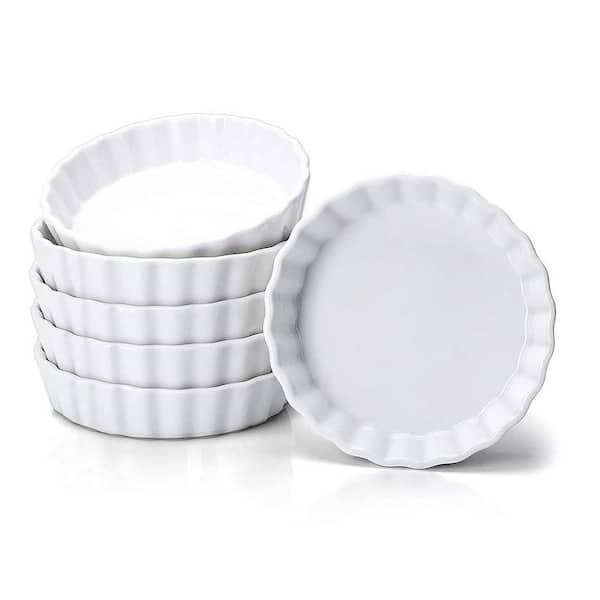 6 Piece Round Porcelain Ramekin Set White Ceramic Shallow Creme Brulee Souffle Dessert Baking Bowls