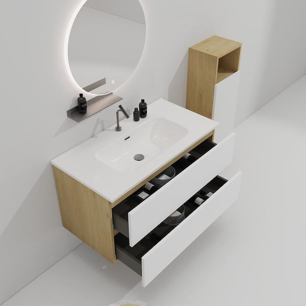 Glory 36 in. Single Sink Wall Mounted Oak with Matt White Panel Bath Vanity with White Integrated Ceramic Top Sink