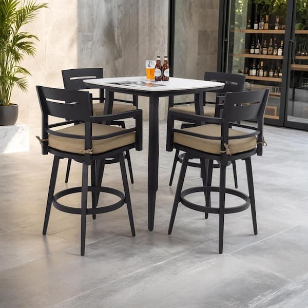 Danae 5-Piece Aluminum Patio Outdoor Serving Bar Set with Stone Tabletop, 4 Swivel Bar Chairs and Linen Sesame Cushions