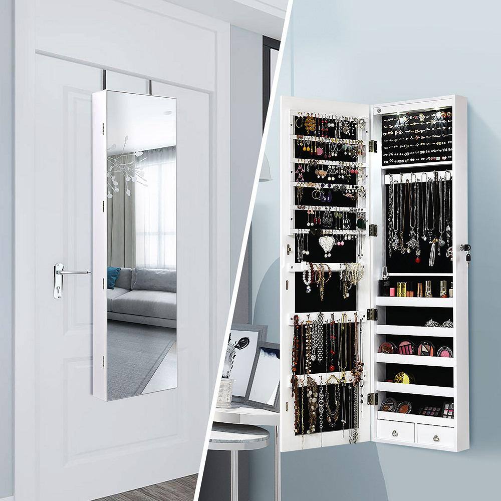 Elegant White Wall-Mounted Mirrored Jewelry Cabinet with LED Lights