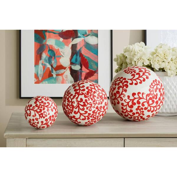 Liv & Skye White Red 4/5/6 in. Ceramic Fern Decorative Orbs (Set