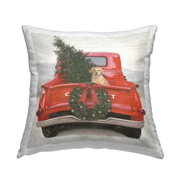 Holiday Dog in Truck Red Square Outdoor Throw Pillow