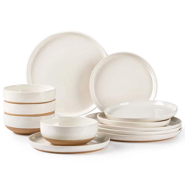 12-Piece Handpainted Ceramic Dinnerware Set in stoneware with rustic terracotta underside, dishwasher safe