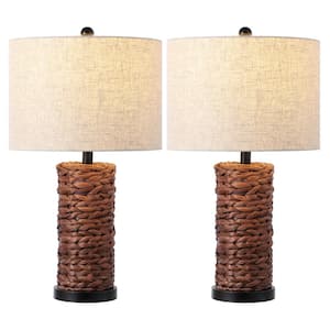 Elicia 25 in. Coastal Water Hyacinth LED Table Lamp Set with Metal Base and Linen Shade, Dark Brown (Set of 2)