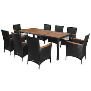 Black 9-Pieces Steel Rattan Rectangle Outdoor Dining Set with White Cushions and Water-Resistant Cushions