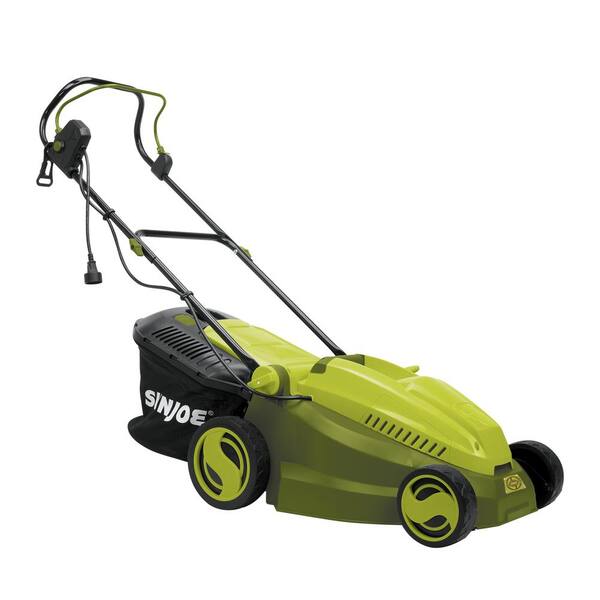 sun joe 16 in 12 amp corded electric walk behind push mower with mulcher mj402e the home depot